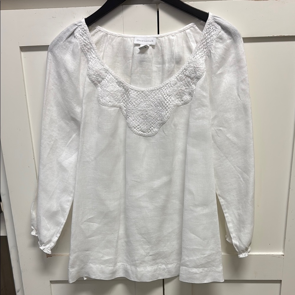 Charter Club 100% Linen Cotton Embroidered Neck SZ 4 Boho Beach Casual